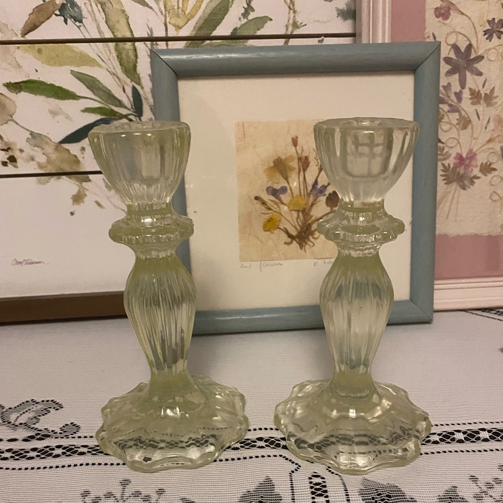 *EUC* Retro Heavy Glass Candle Holders - Soft Clear Yellow